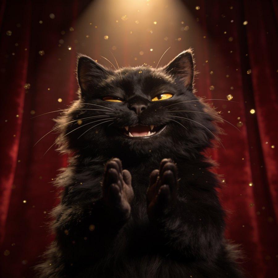 The black cat with human hands slowly clapping under a spotlight